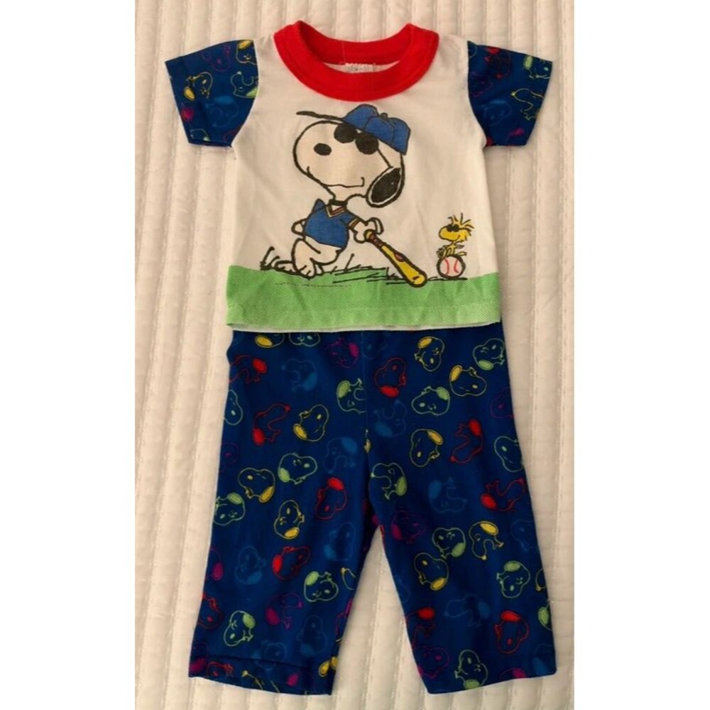 Vintage 1990s Peanuts Snoopy Baseball 2 Piece Pajama Set 12 Months